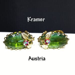 Kramer Austria Green Clip Earrings, Gold Plated, 1950s Vintage Jewelry